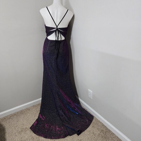 L (~6-10) Shein Belle Purple/Pink Metallic Duochrome Laceup Ruched Mermaid Gown - Picture 4 of 10
